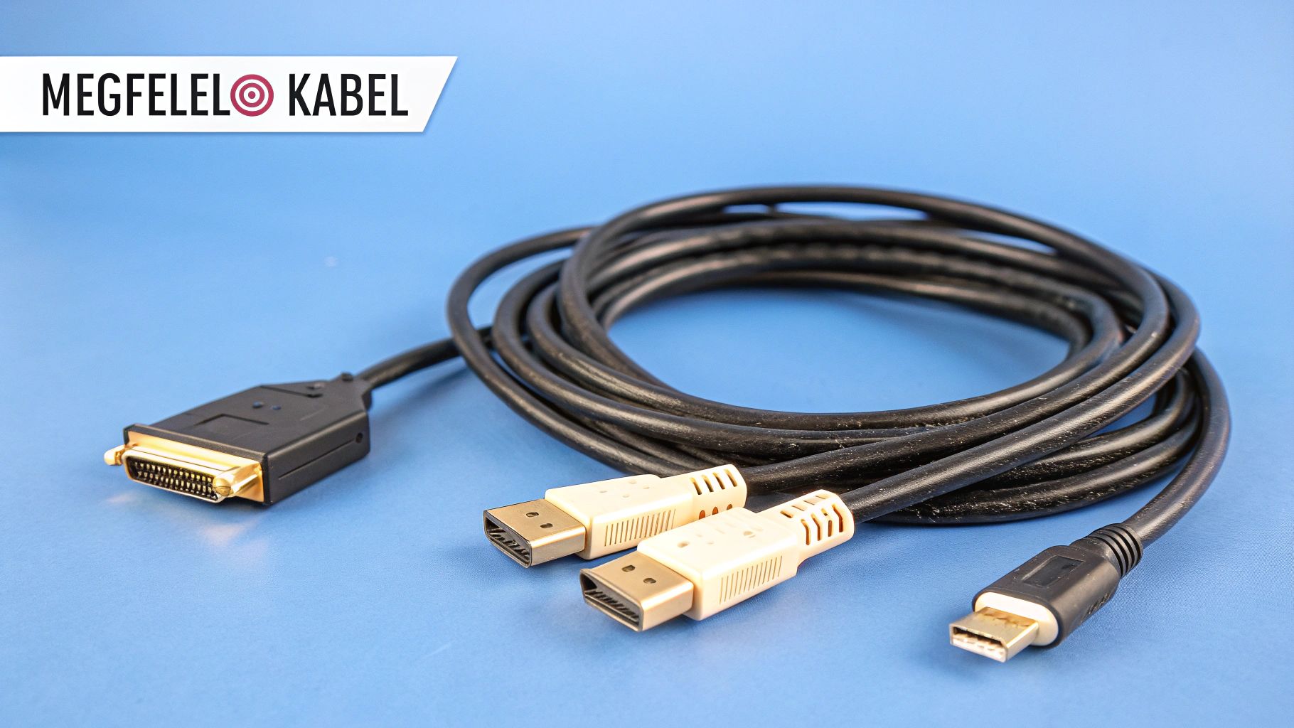 MEGFELELŐ KABEL márkajelzésű HDMI, DVI és USB csatlakozós kábelek kék háttéren