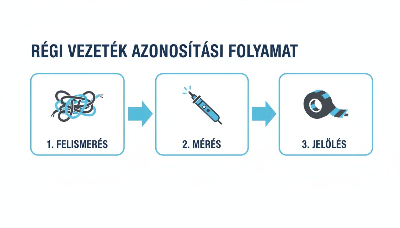 A régi vezetékek azonosításának háromlépéses folyamata: felismerés, mérés és jelölés, ikonokkal illusztrálva.