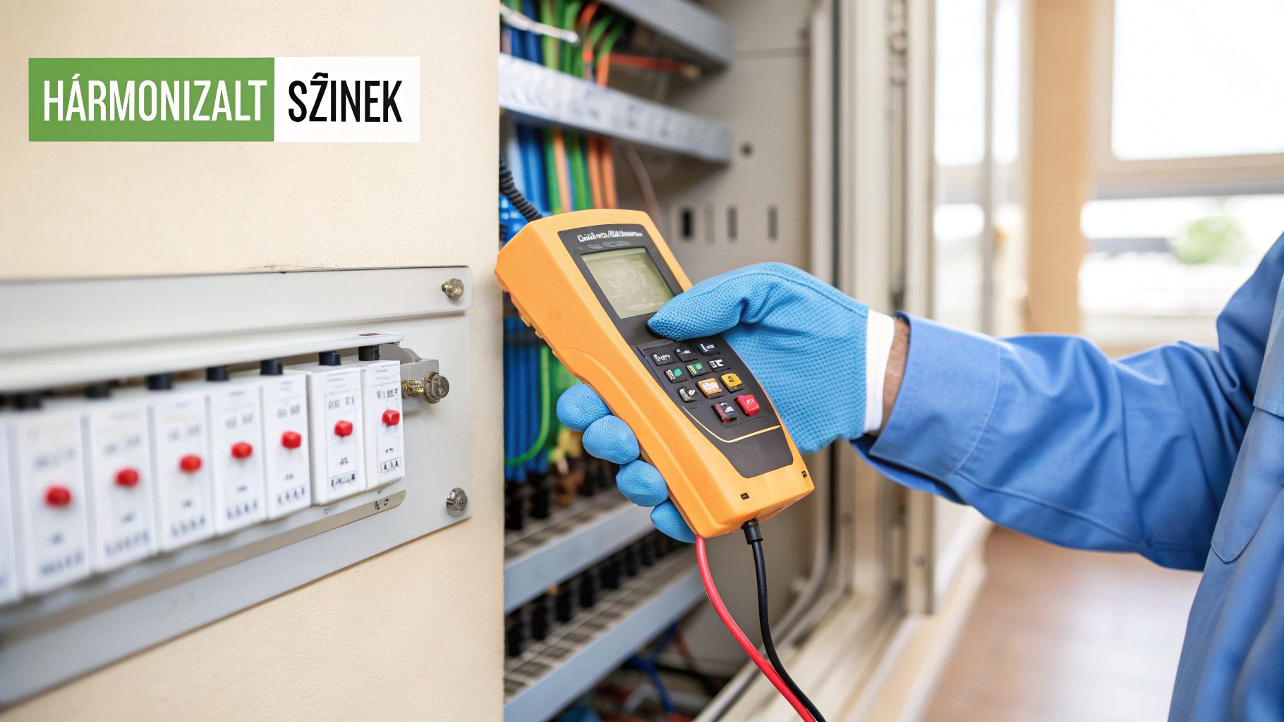 Elektrikus vizsgál egy elektromos panelt egy mérőműszerrel, a vezetékek harmonizált színekkel vannak jelölve.
