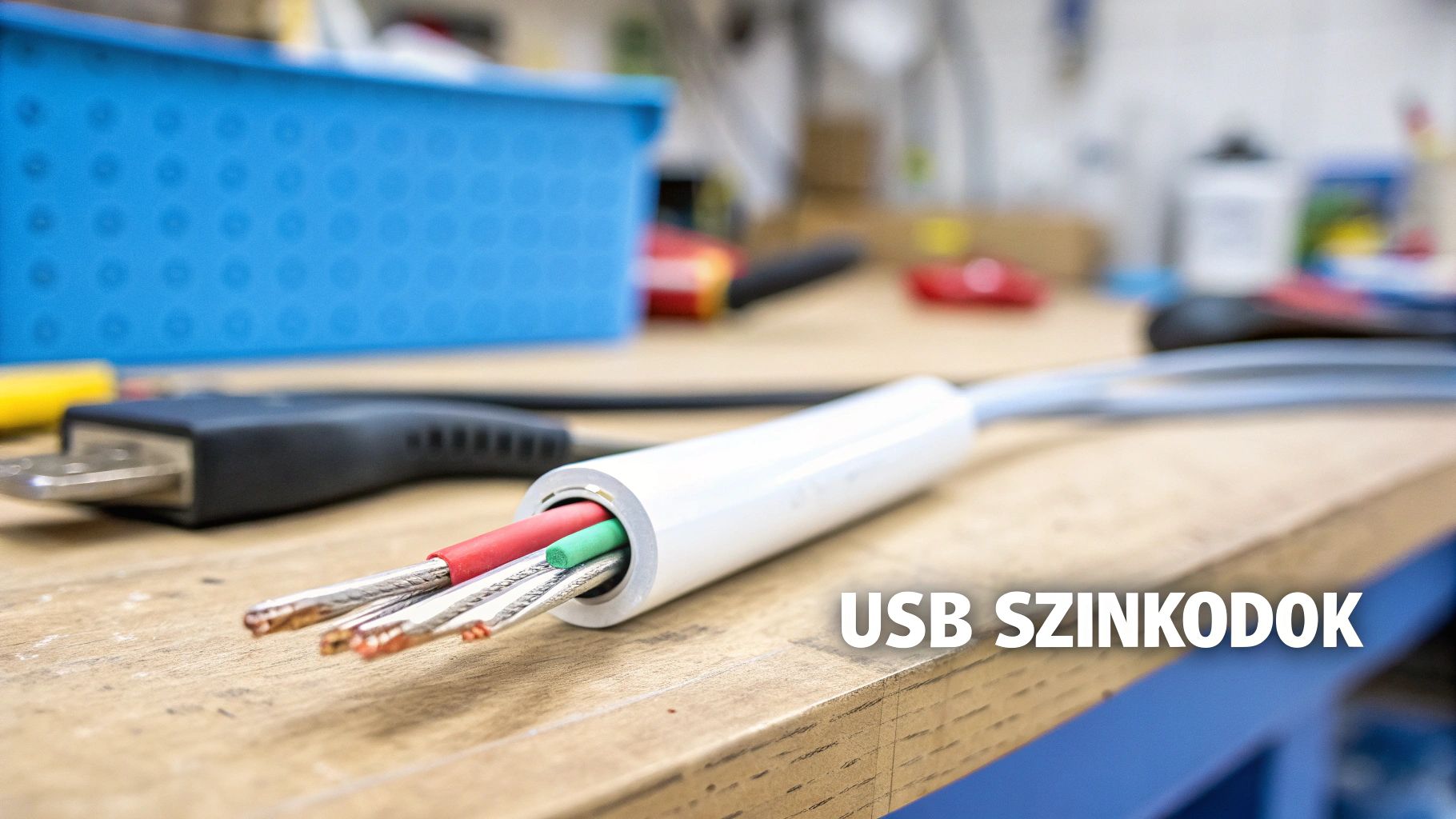 Egy nyitott USB kábel színes vezetékeket mutat (piros, zöld, fehér, csupasz), mellette egy USB csatlakozó és szerszámok egy fa asztalon.