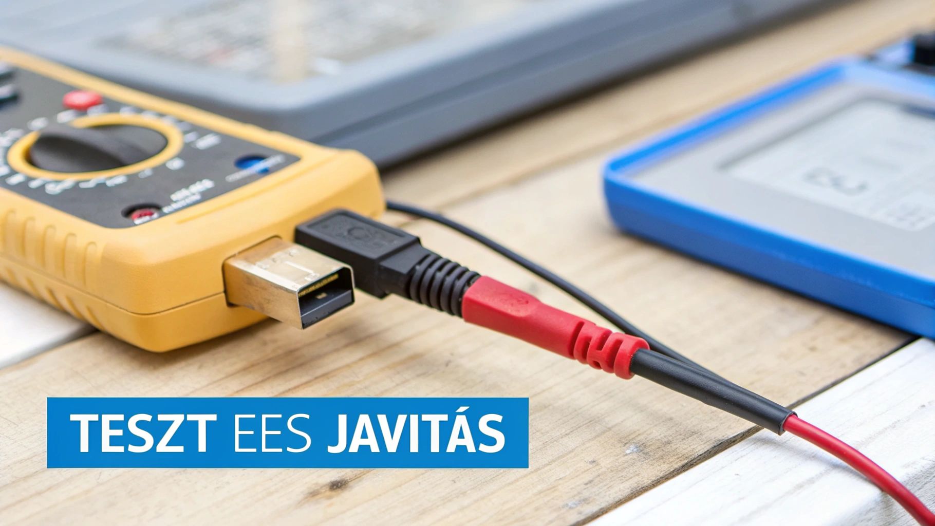 Sárga multiméter, kék mérőműszer és kábelek fa asztalon, a 'TESZT ÉS JAVÍTÁS' felirattal.