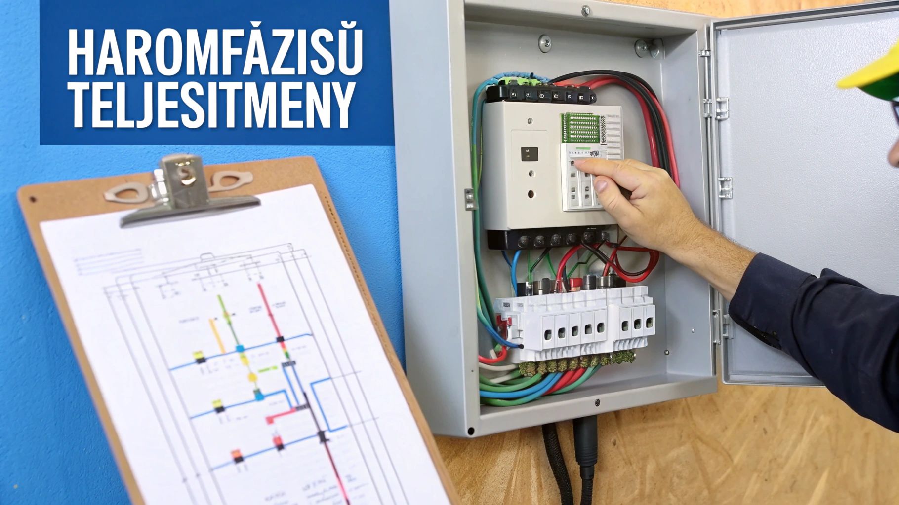 Egy villanyszerelő dolgozik egy elektromos panelen, rajzokat ellenőrizve, mely egy háromfázisú teljesítmény rendszert mutat.
