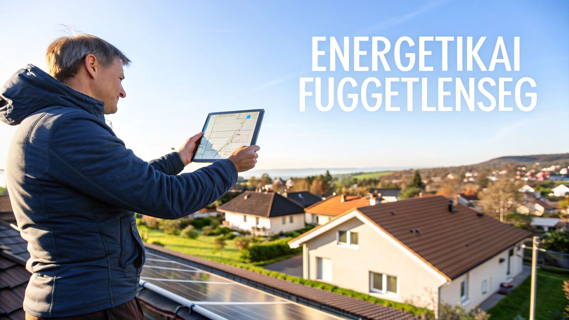 Férfi néz táblagépet napelemekkel borított tetőn, vidéki otthonok felett, energetikai függetlenség felirattal.