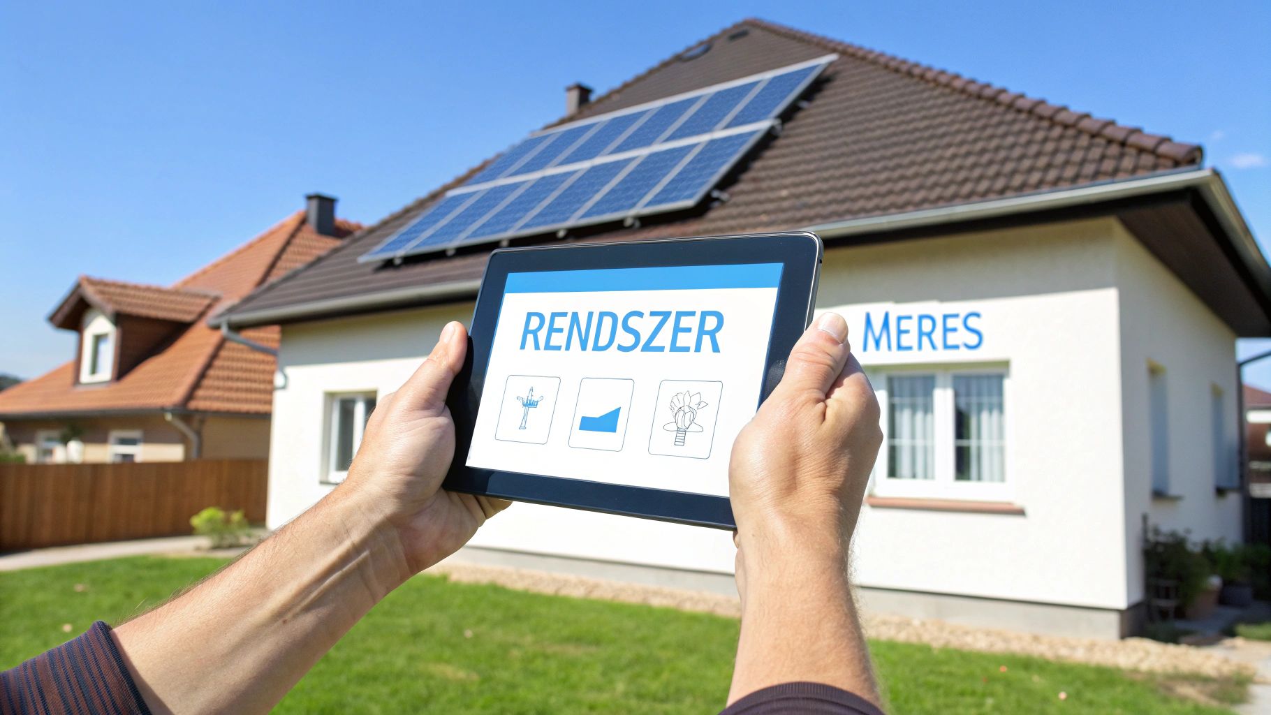 Férfi tableten nézi a napelemes rendszer adatait egy ház előtt, amin napelemek vannak.