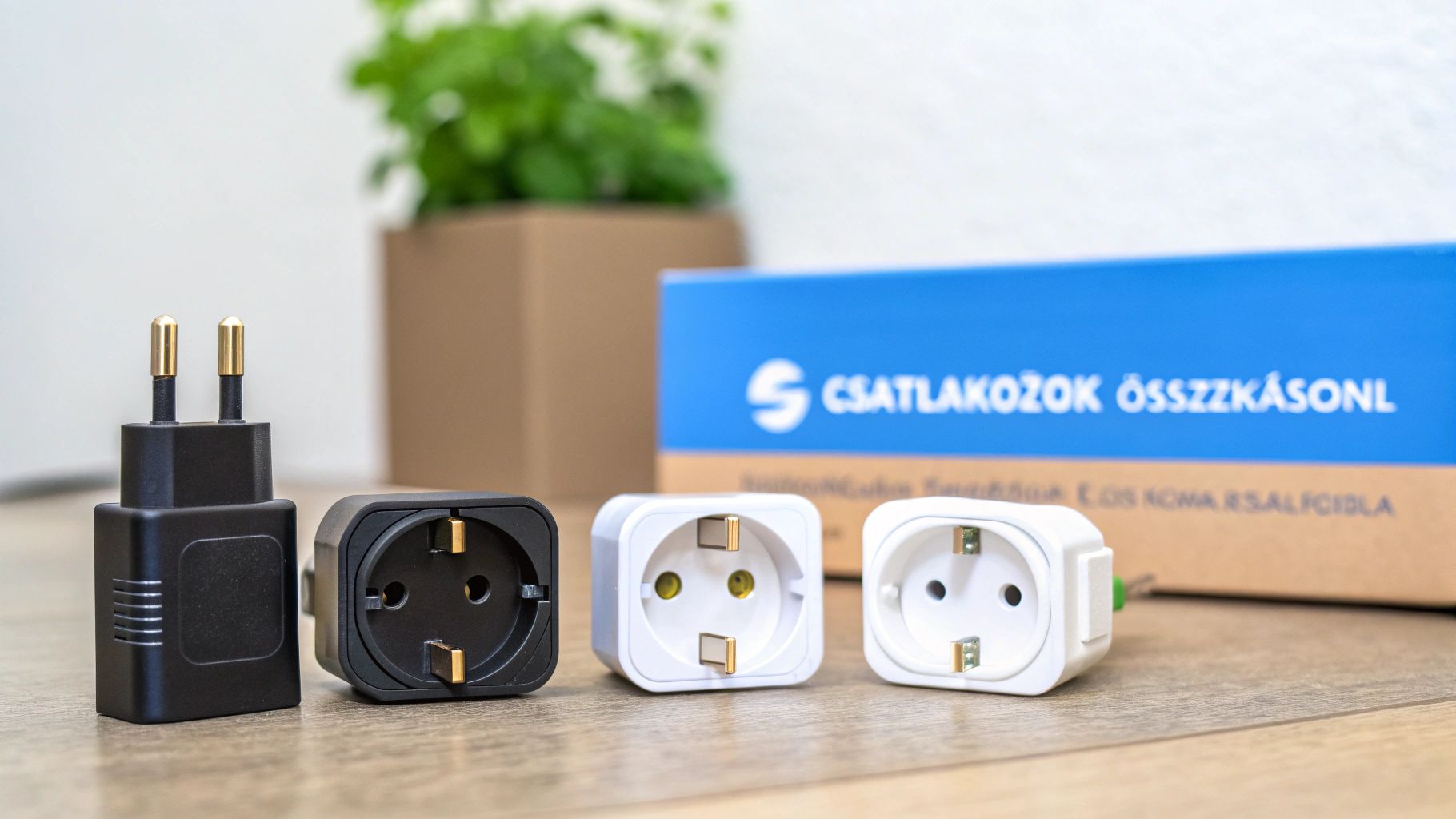 Különféle fekete és fehér elektromos adapterek és aljzatok fa felületen, elmosódott háttérrel.