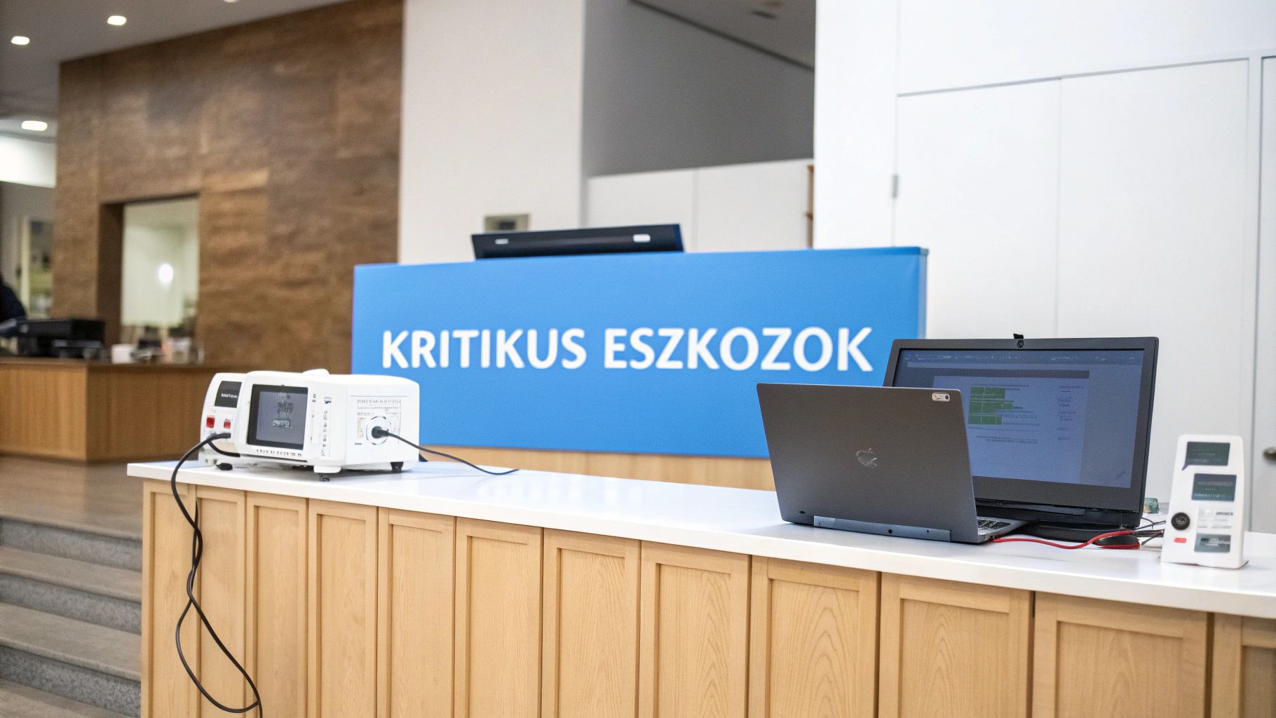 Elektronikai eszközök, laptopok és egy kijelző egy modern pulton, háttérben egy kék táblával, amin a „KRITIKUS ESZKOZOK” felirat olvasható.