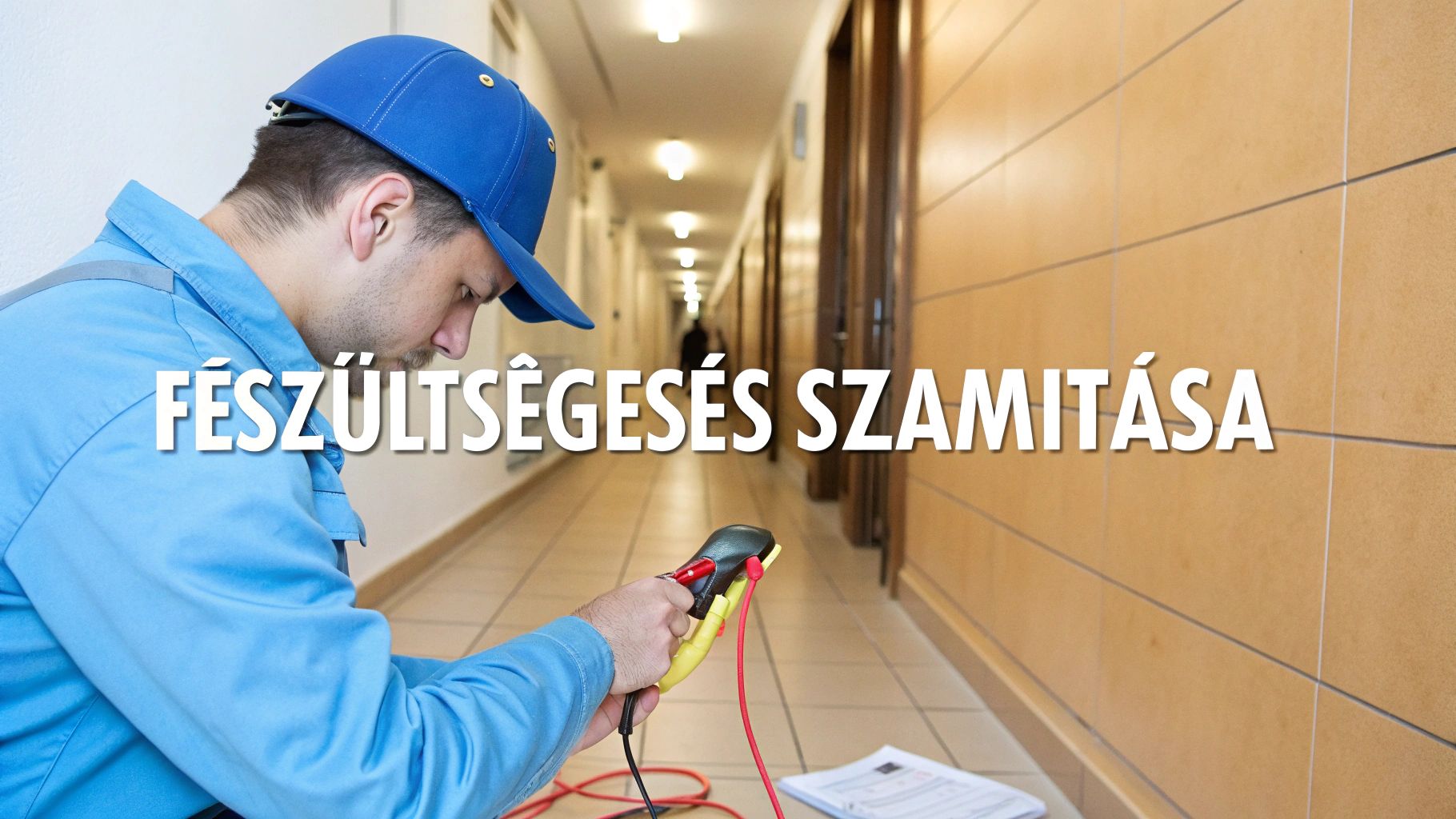 Elektrikus feszültségesés számítását végzi műszerrel egy folyosón, részletes munka közben.
