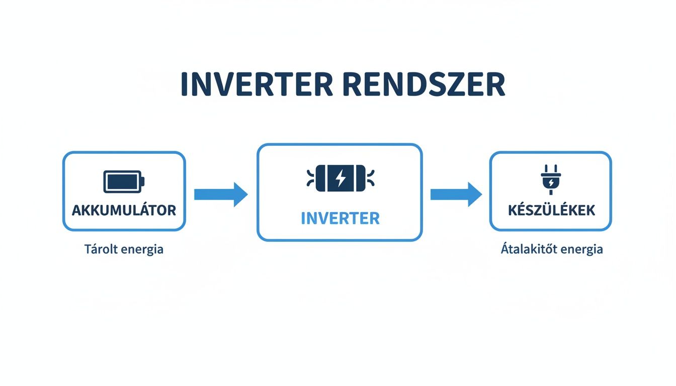 Diagram az inverter rendszer működéséről: akkumulátor tárolt energiája átalakítva a készülékek számára.
