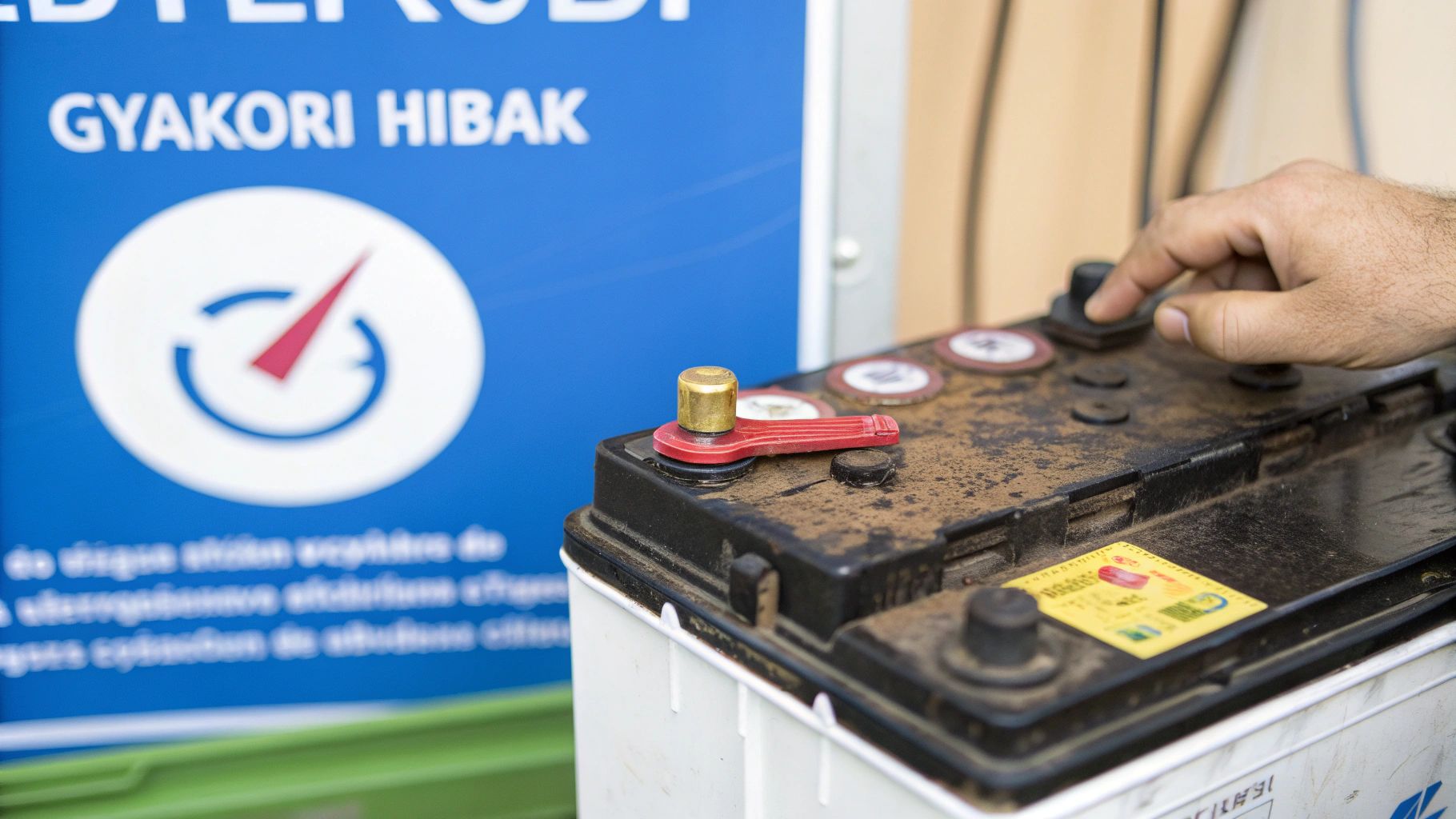 Egy férfi keze egy régi, kopott autóakkumulátort állít, a háttérben egy kék figyelmeztető tábla látható.