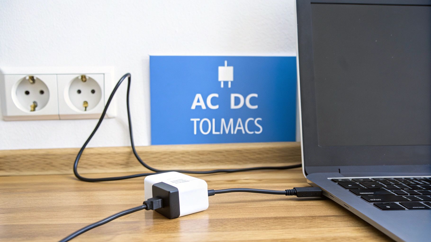 Laptop töltődik egy fehér adapterrel, amely a konnektorhoz és a kék AC DC TOLMACS táblához közel található.