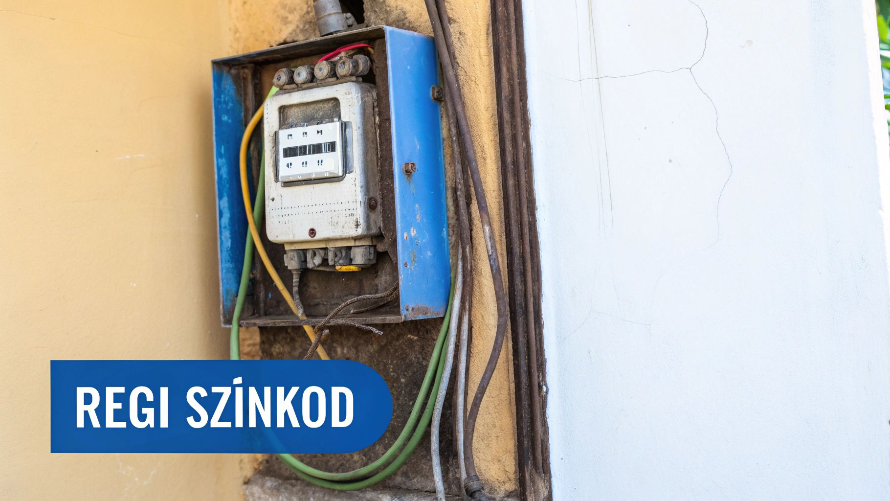 Régi villanyóra és elektromos vezetékek egy épület falán, kék felirat 'REGI SZÍNKOD' szöveggel.