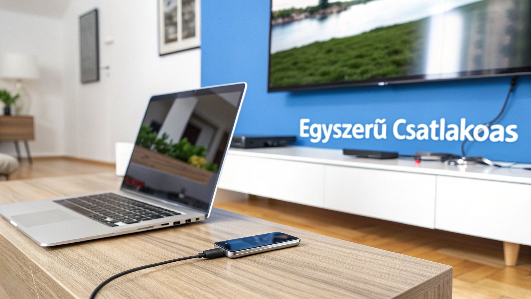 Modern laptop és monitor összekötve egy USB C HDMI kábellel, letisztult irodai környezetben