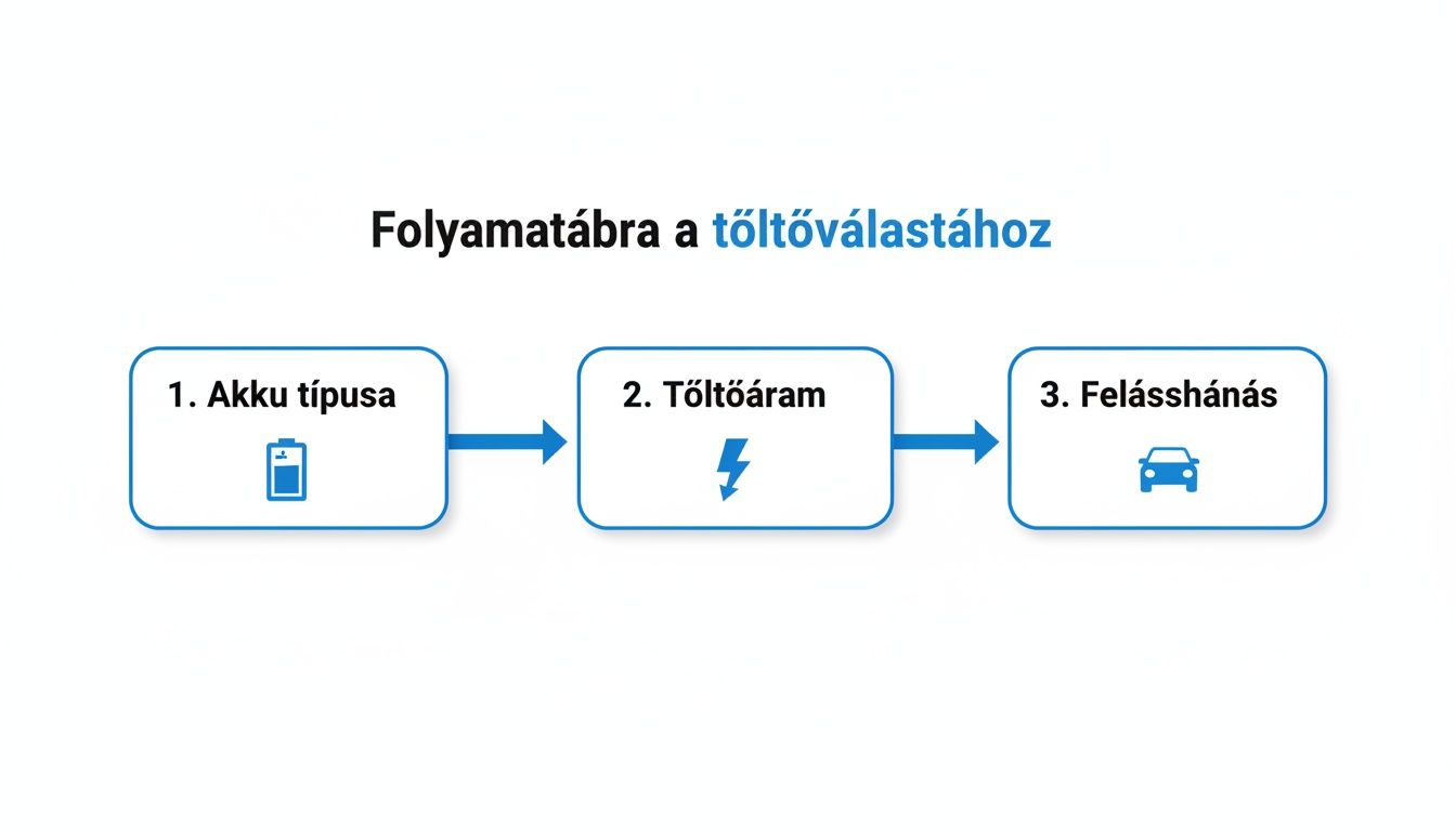 Folyamatábra a töltő kiválasztásához, mely lépésről lépésre bemutatja az akku típusát, töltőáramot és felhasználást.