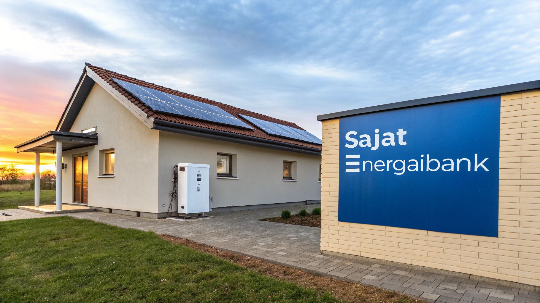 Ház napelem rendszerrel a tetőn, energiatároló egységgel és Sajat Energaibank felirattal naplemente idején.