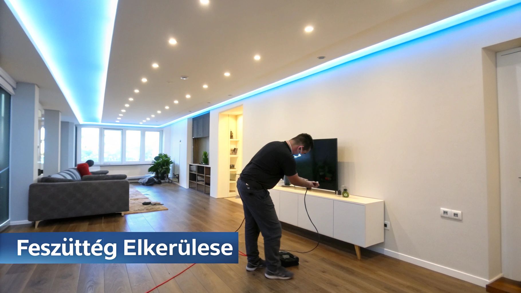 Egy modern nappali szoba, ahol egy férfi a televíziót szereli, kék LED szalag világítással és spotlámpákkal a mennyezeten.