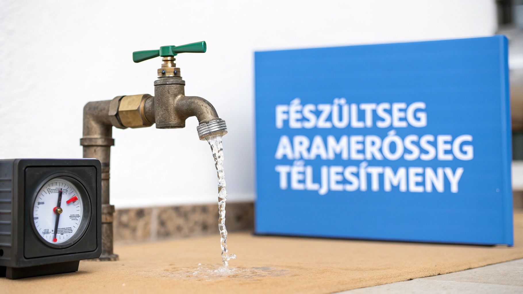 Csöpögő csapvíz egy mérőóra és egy felirat mellett, amely feszültségről és áramerősségről szól.