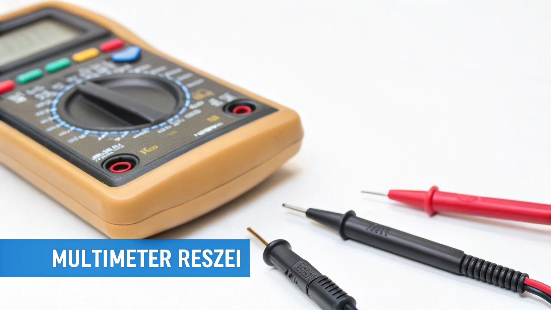 Digitális multiméter mérővezetékekkel egy fehér asztalon, a „MULTIMETER RESZEI” felirattal.