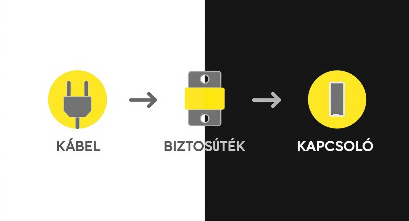 Elektromos csatlakozó, biztosíték és mobiltelefon ikonok sorban elrendezve, nyíllal összekötve.