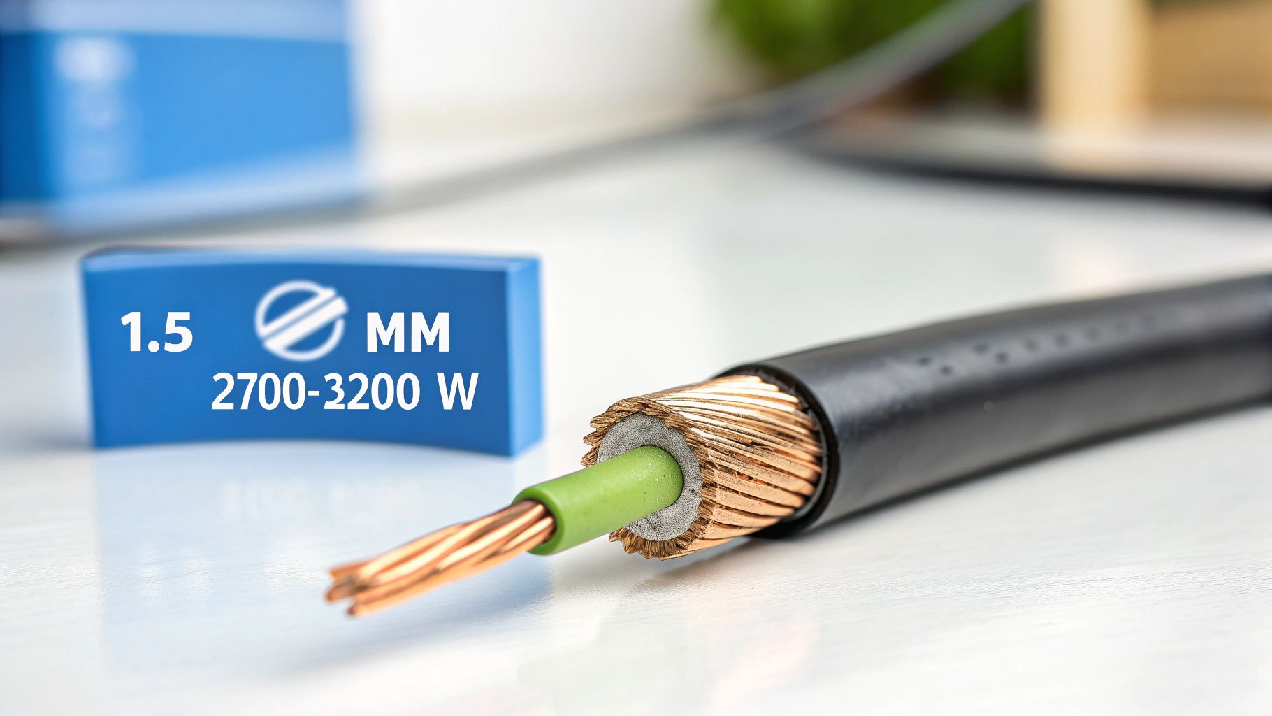 Vágott elektromos kábel látható réz vezetővel és zöld szigeteléssel, mellette egy kék doboz adatokkal: 1.5 MM és 2700-3200 W.
