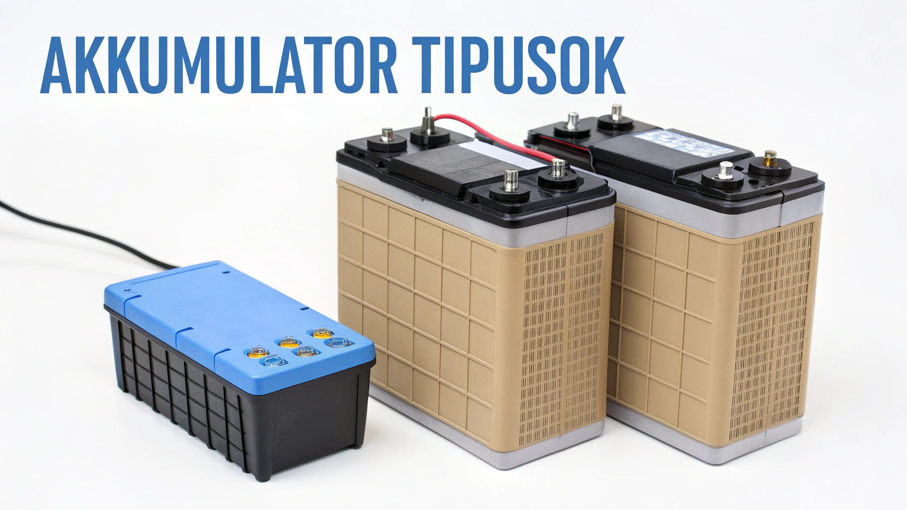 Két ipari akkumulátor, egy töltővel összekötve, a "AKKUMULÁTOR TÍPUSOK" felirattal a kép tetején.