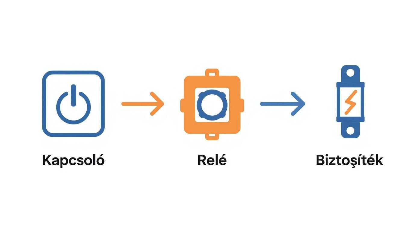 A képen egy egyszerű elektromos áramkör elemei láthatók: kapcsoló, relé és biztosíték, nyilakkal összekötve.