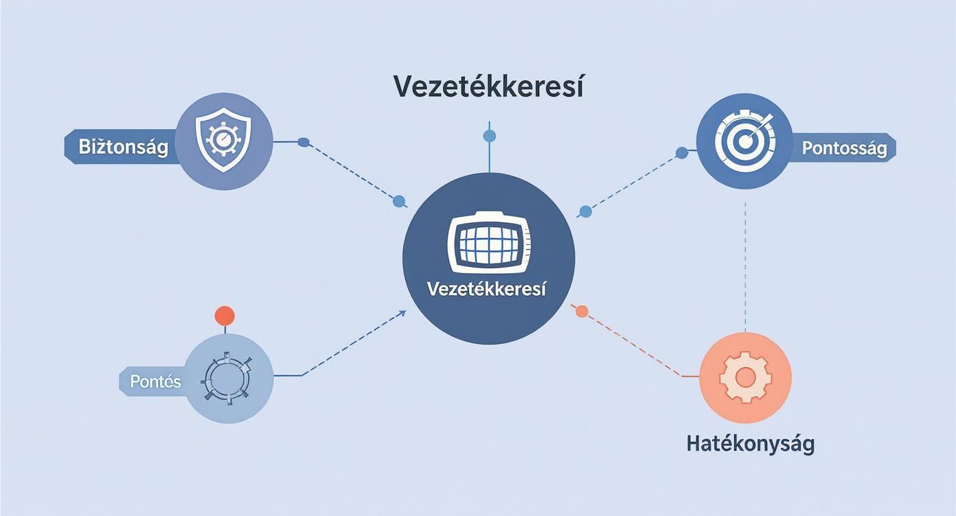 Vezetékkeresési folyamat diagram öt elemmel: biztonság, pontosság, hatékonyság, pontosság és vezetékkeresés központi kapcsolódással