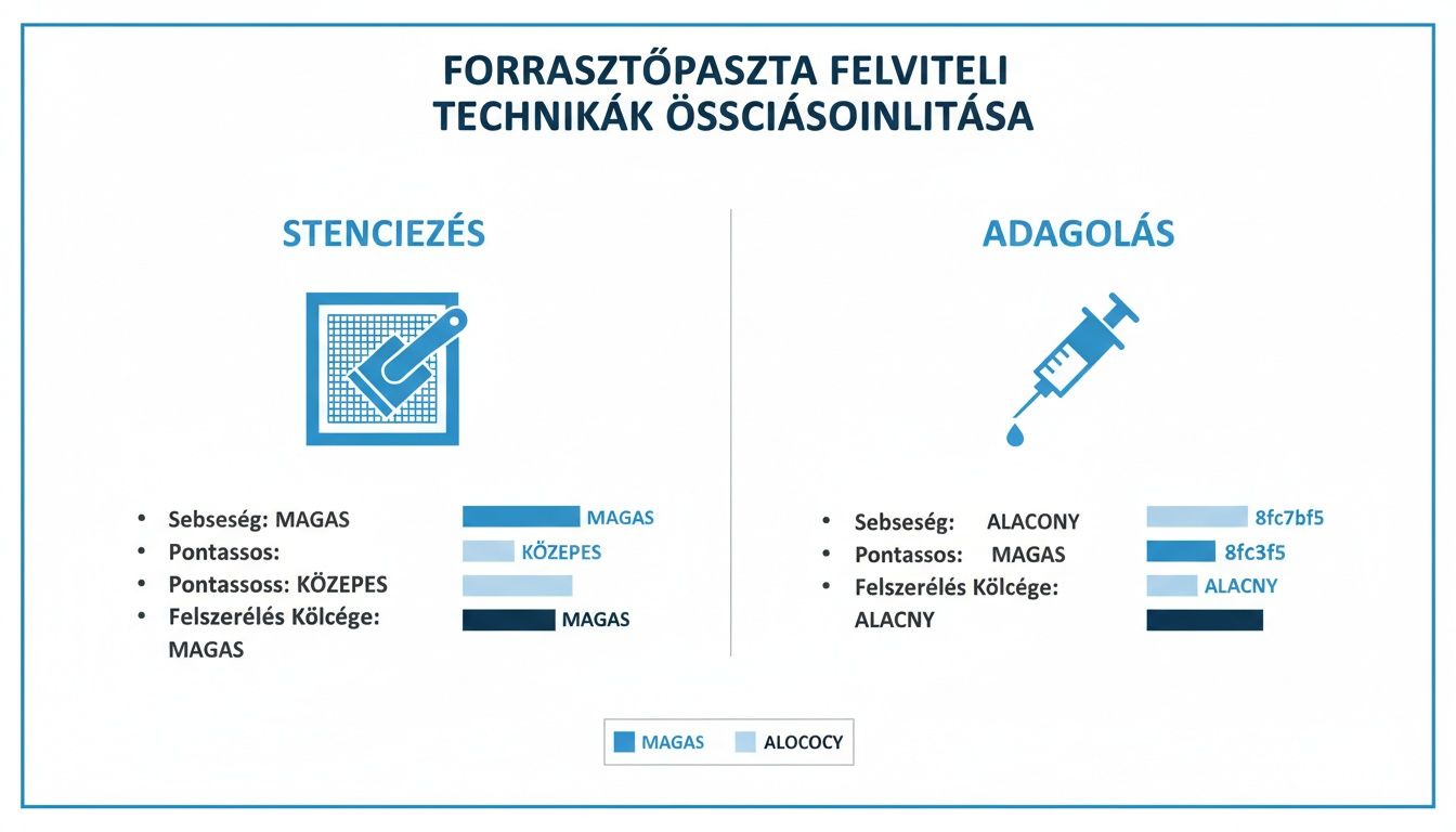 Forrasztópaszta felviteli technikák összehasonlítása: stencilezés és adagolás, sebesség, pontosság és költségek szerint.