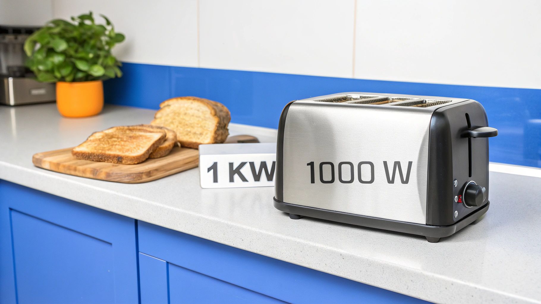 Kenyérpirító a konyhapulton frissen pirított kenyérrel, mellette egy tábla: 1 KW 1000 W.