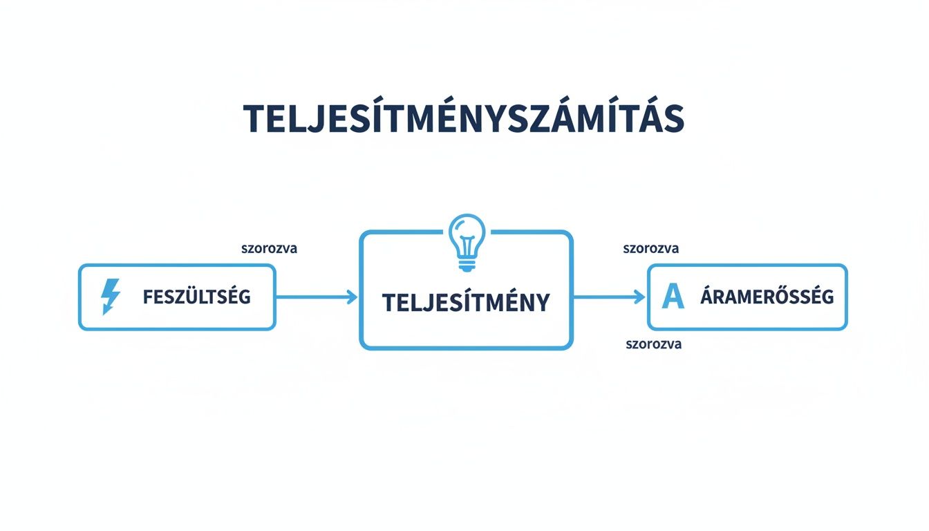 Diagram, ami bemutatja az elektromos teljesítmény kiszámítását feszültség és áramerősség szorzataként.