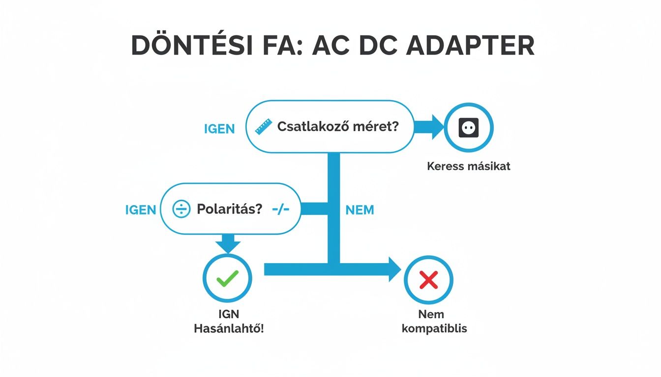 Döntési fa AC DC adapter választásához: ellenőrizze a csatlakozó méretét és a polaritást a kompatibilitás érdekében.
