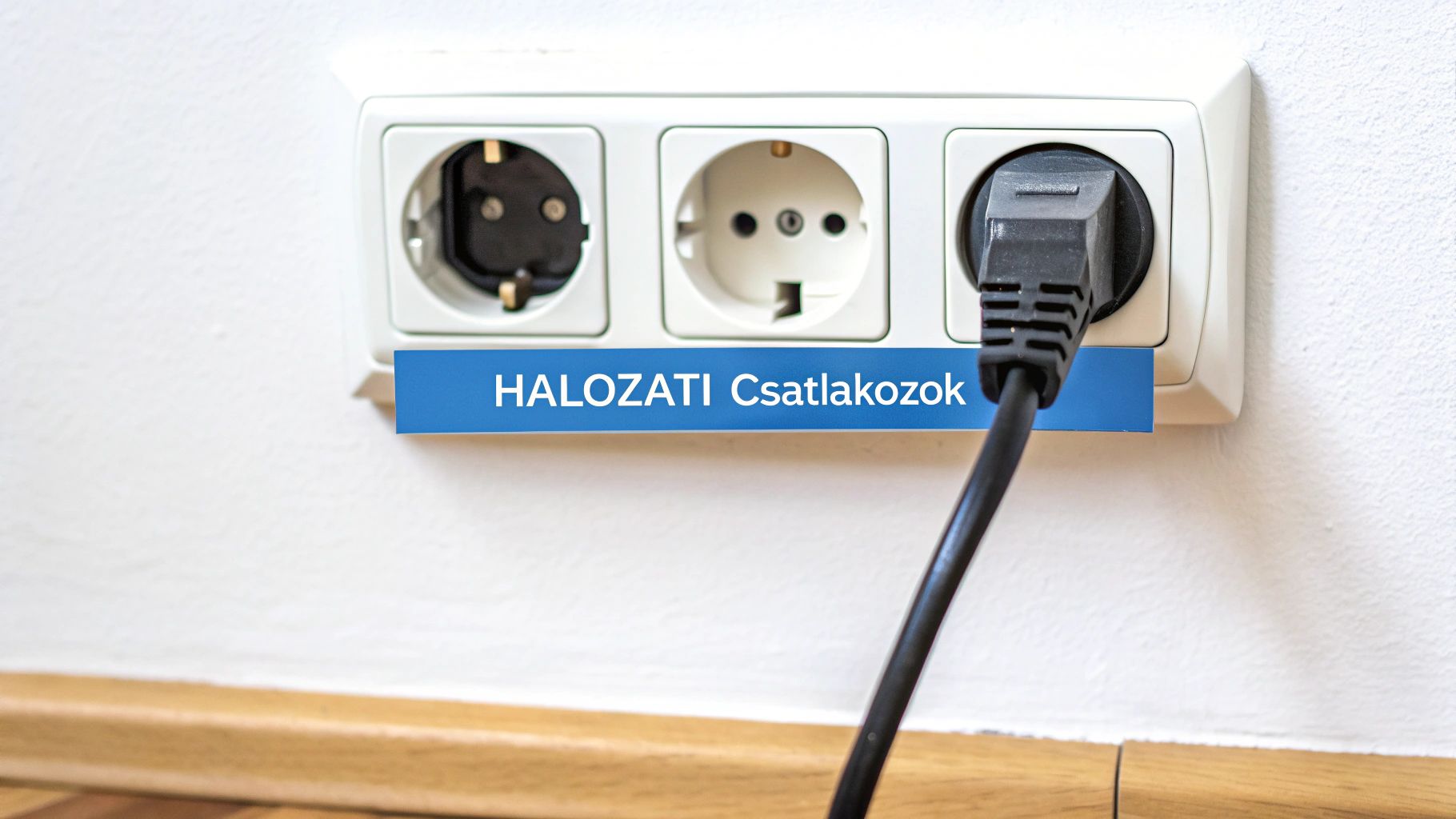 Fehér, hármas fali aljzat, melybe egy fekete tápkábel van bedugva. Kék címke 'HALOZATI Csatlakozok' felirattal az aljzaton.