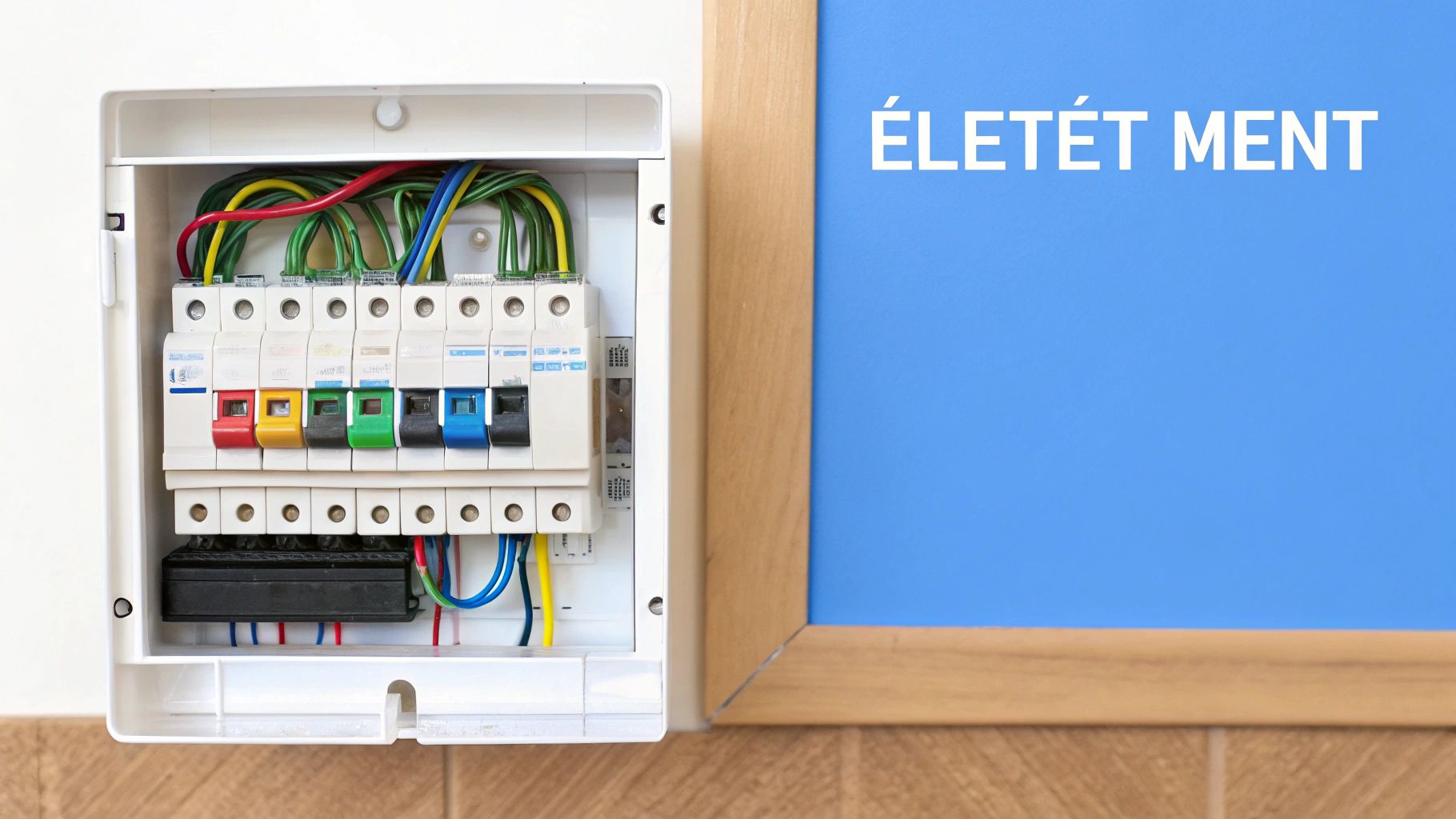 Nyitott elektromos biztosítékdoboz színes kismegszakítókkal és vezetékekkel, mellette kék falon az 'ÉLETÉT MENT' felirat.