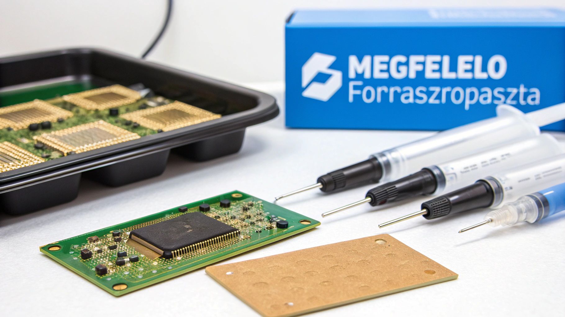 Elektronikai alkatrészek, forrasztópaszta injekciós fecskendőben, áramköri lapok és forrasztópaszta doboz.