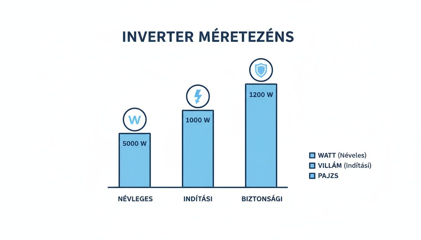 Oszlopdiagram, amely az inverter méretezésének három kategóriáját mutatja be: névleges, indítási és biztonsági teljesítmény.