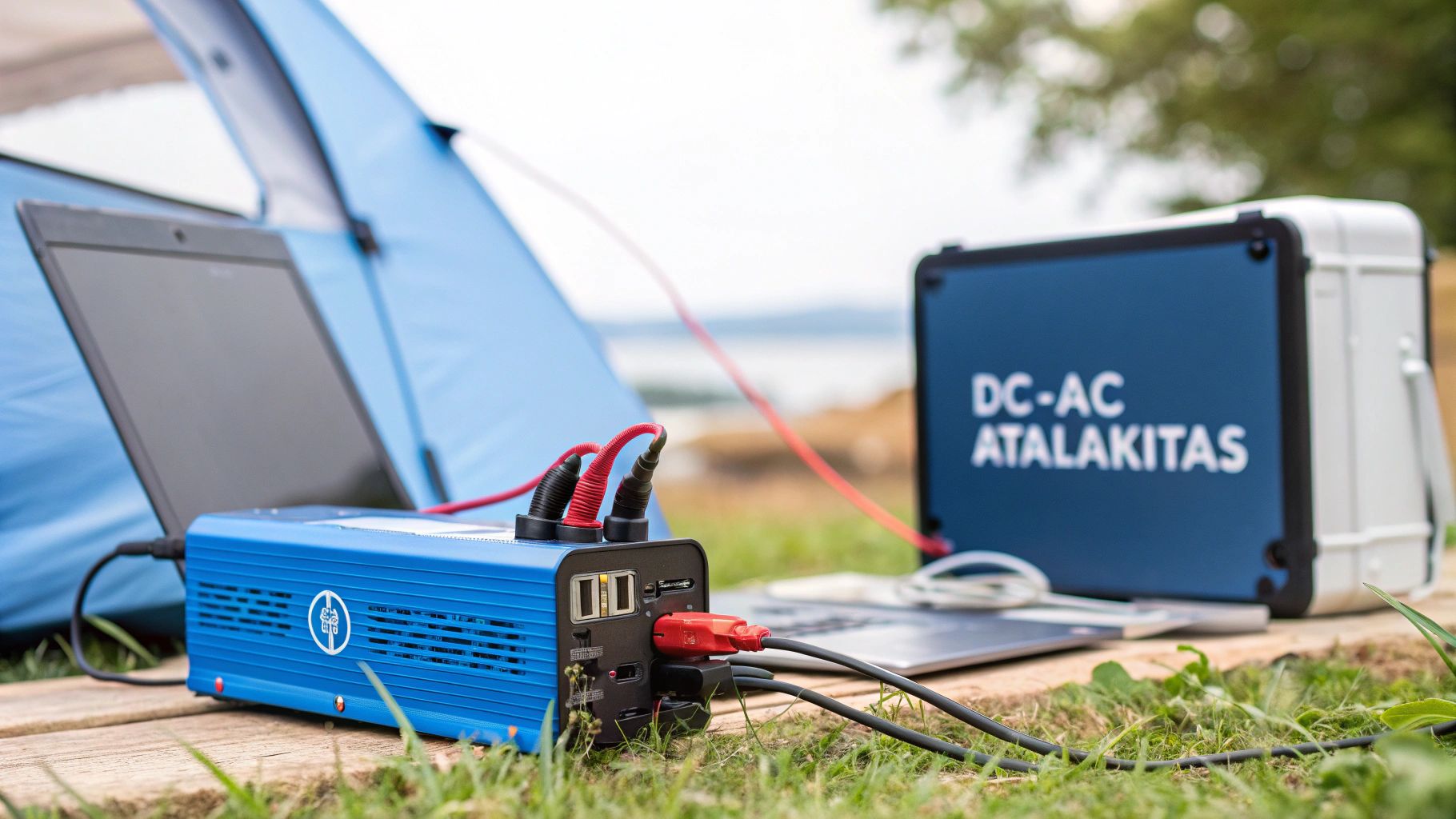 Kempingezés közbeni jelenet, ahol egy kék inverter tölt egy laptopot egy sátor előtt, a szabadban.