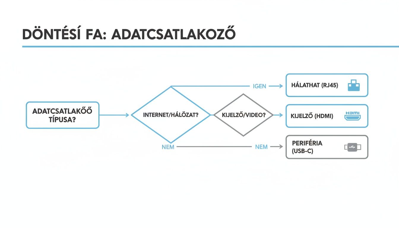 Döntési fa az adatcsatlakozó típusainak azonosításához. Különböző csatlakozók, mint RJ45, HDMI és USB-C.