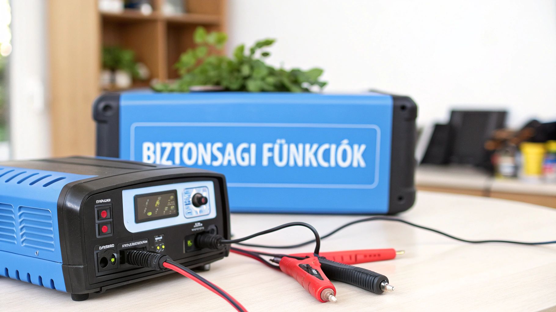 Két kék és fekete akkumulátortöltő látható, az egyik kábelekkel és csipeszekkel az előtérben. A háttérben lévőn "BIZTONSÁGI FUNKCIÓK" felirat.
