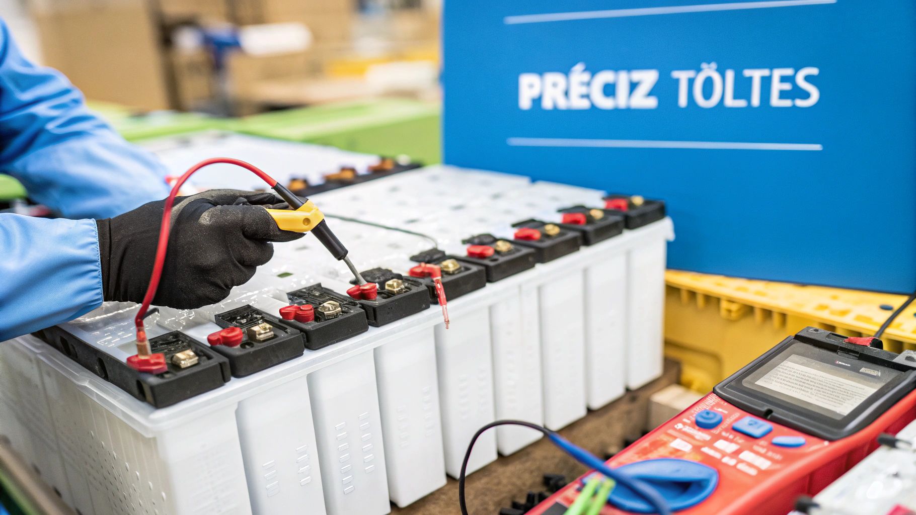 Egy személy kesztyűben akkumulátor cellákat mér egy multiméterrel, háttérben „PRÉCIZ TÖLTÉS” felirattal.