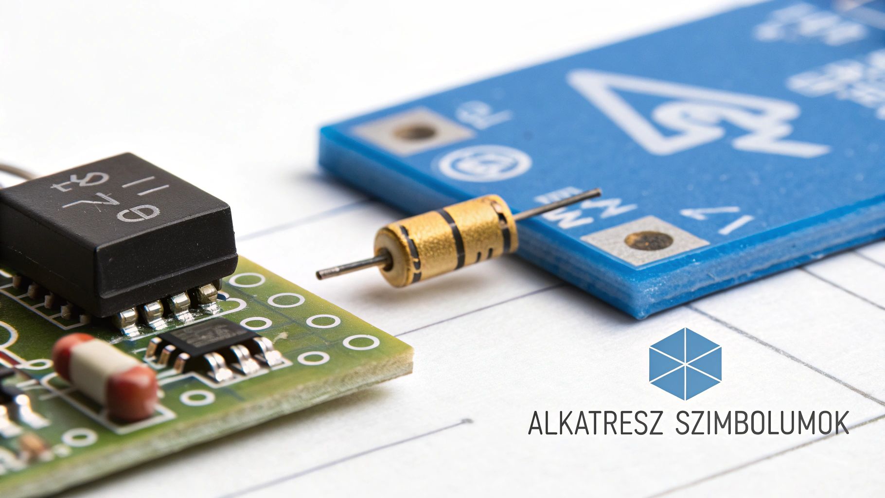 Elektronikai alkatrészek, például relé modul, ellenállás és IC, nyomtatott áramköri lapon, kapcsolási rajz háttérrel.