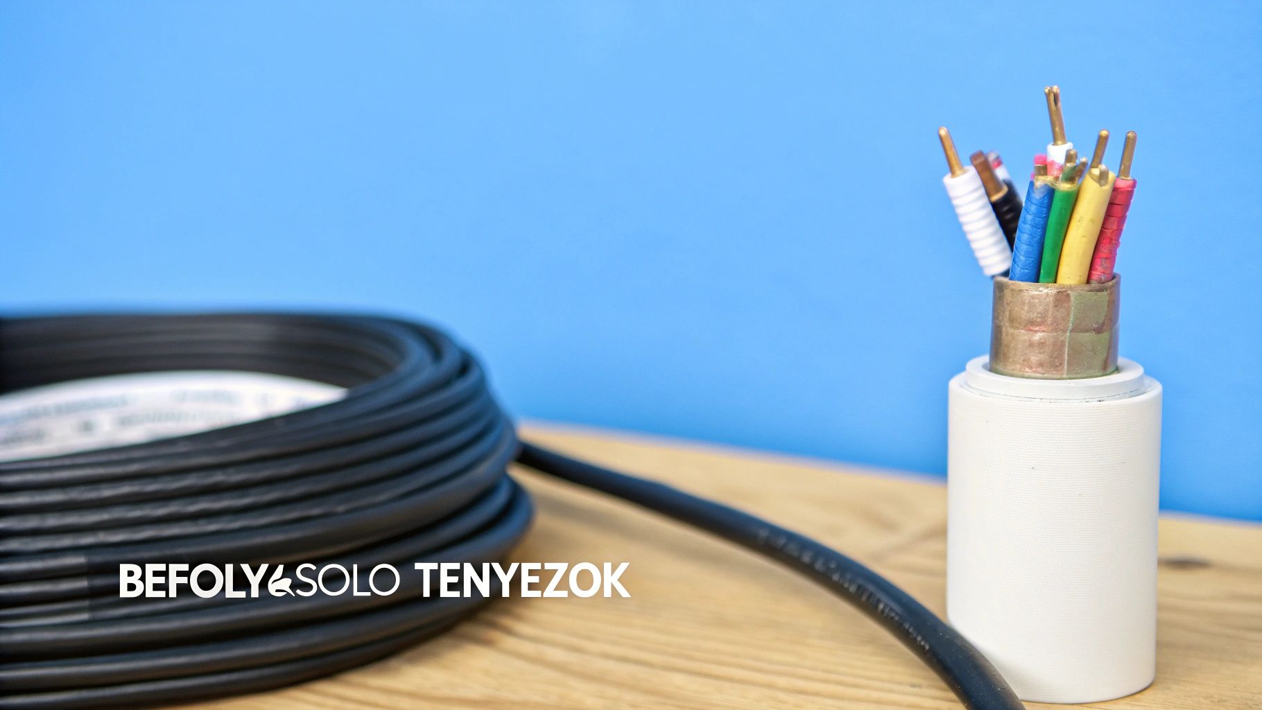 Tekercselt fekete kábel és több színes vezeték látható egy fa asztalon, kék háttér előtt. Elektromos szerelési anyagok.