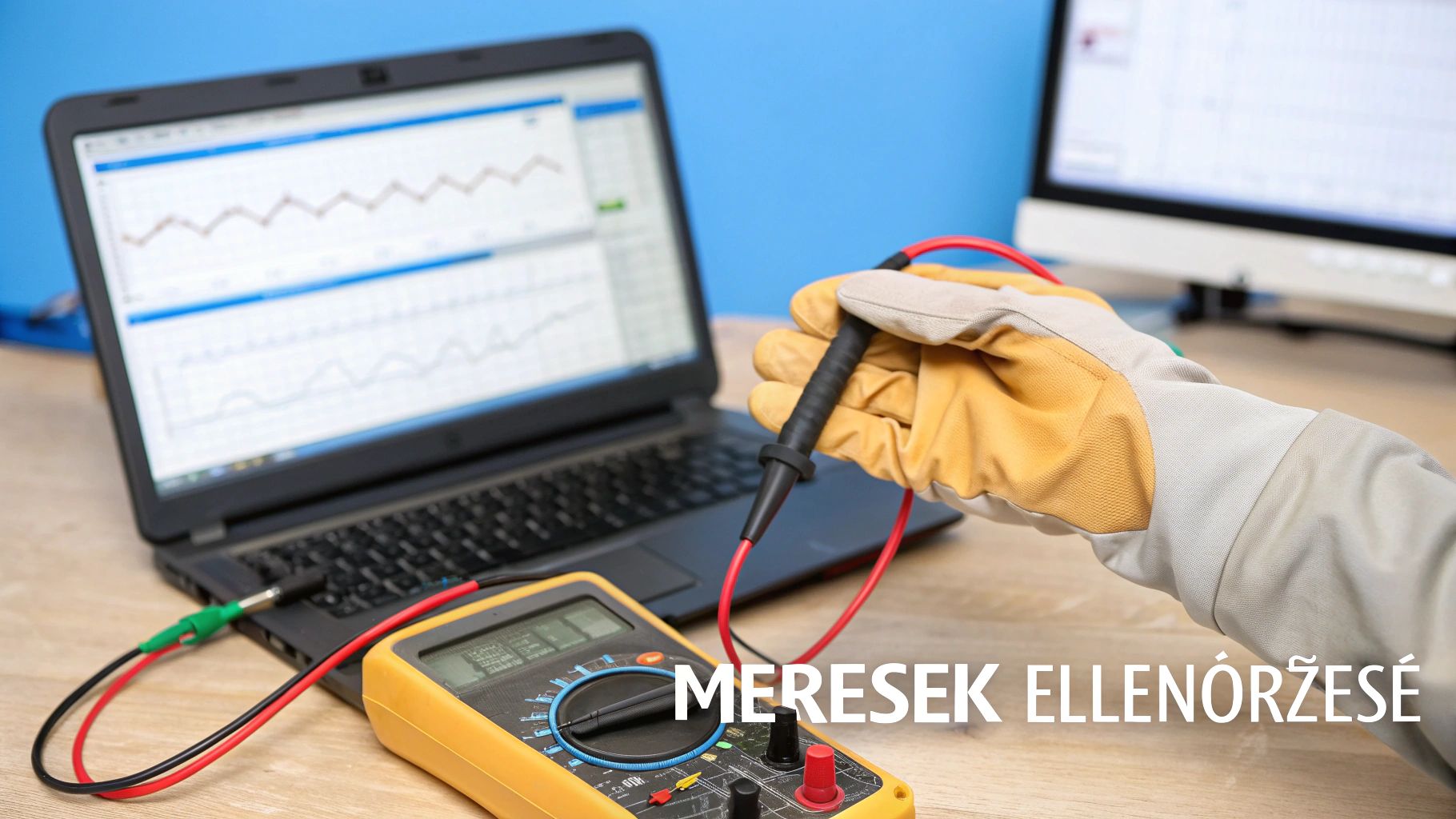 Egy személy kesztyűben multiméterrel mér, ami egy laptophoz csatlakozik, grafikonokat mutatva.