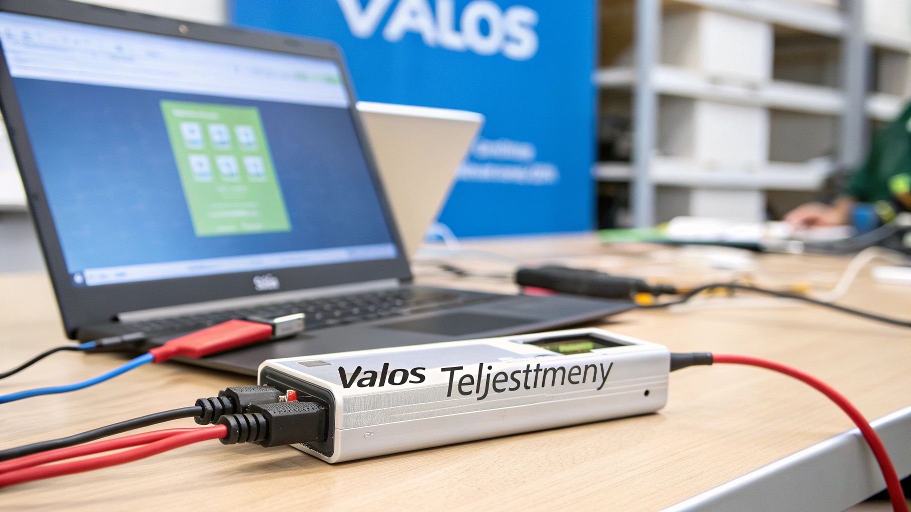 Laptop és egy 'Valos Teljesitmeny' feliratú eszköz, kábelekkel összekötve egy fa asztalon. Háttérben egy kék logó látható.