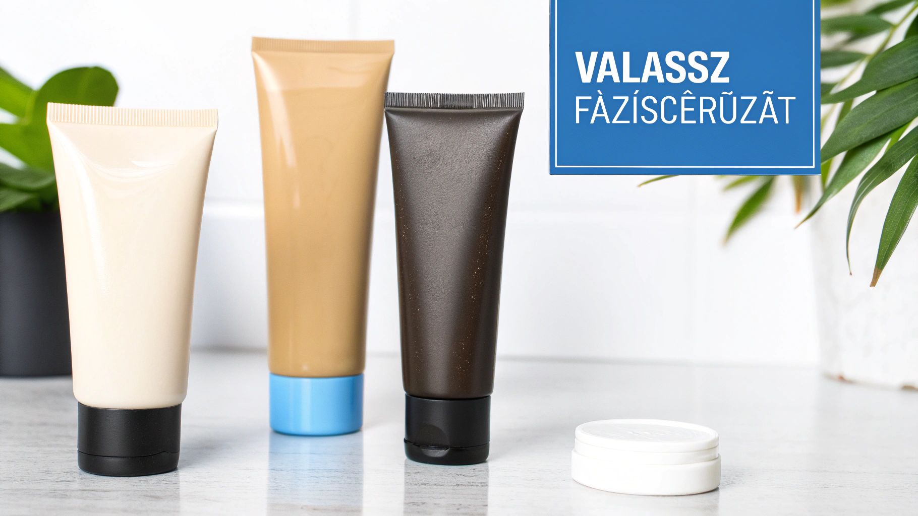 Három bézs, barna és sötétbarna kozmetikai tubus, egy fehér tégely és növények a háttérben, kék szövegdobozzal.
