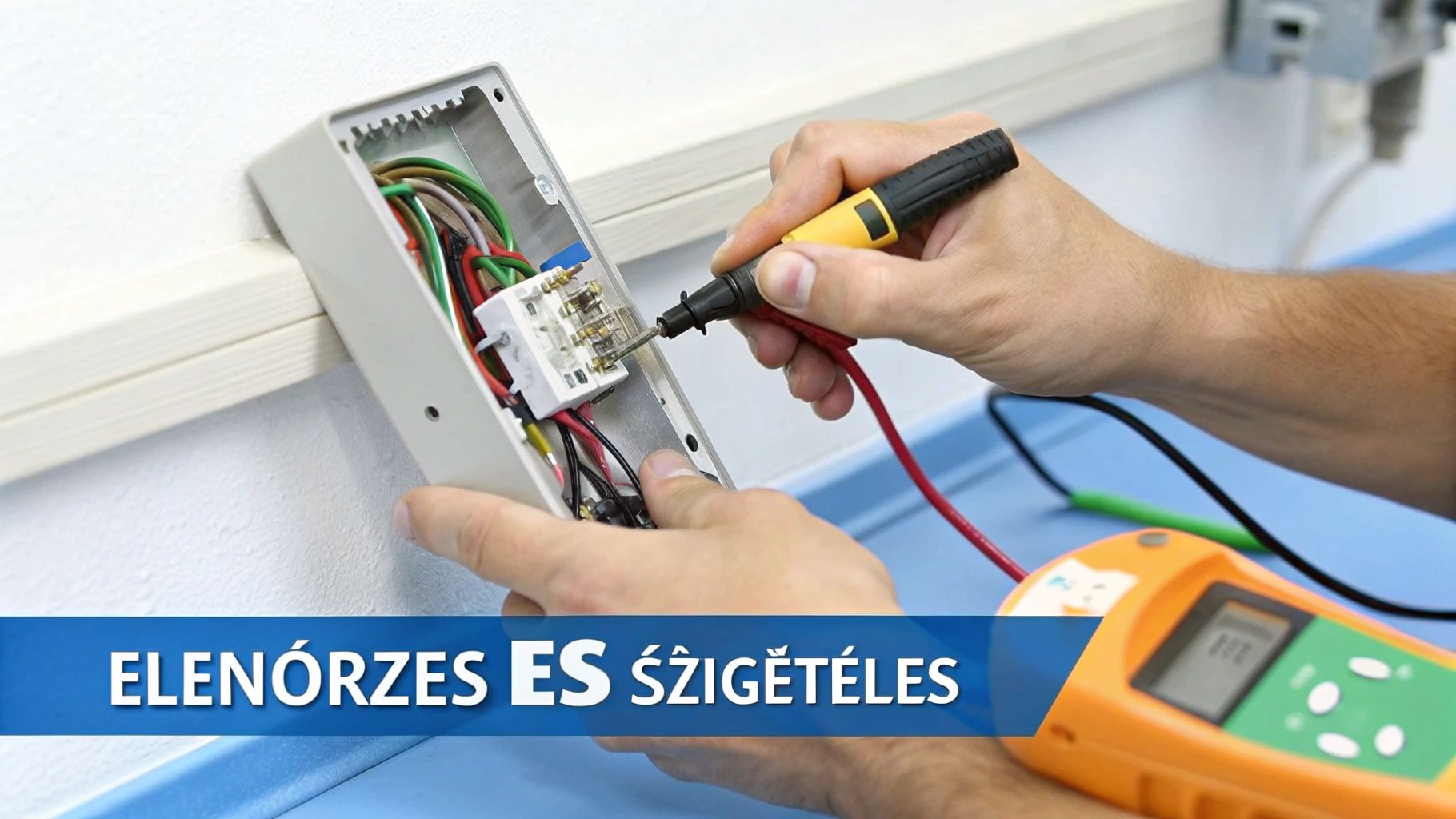 Elektromos vezetékek ellenőrzése és szigetelésmérés multiméterrel egy szerelő által, biztonságos munkavégzés.
