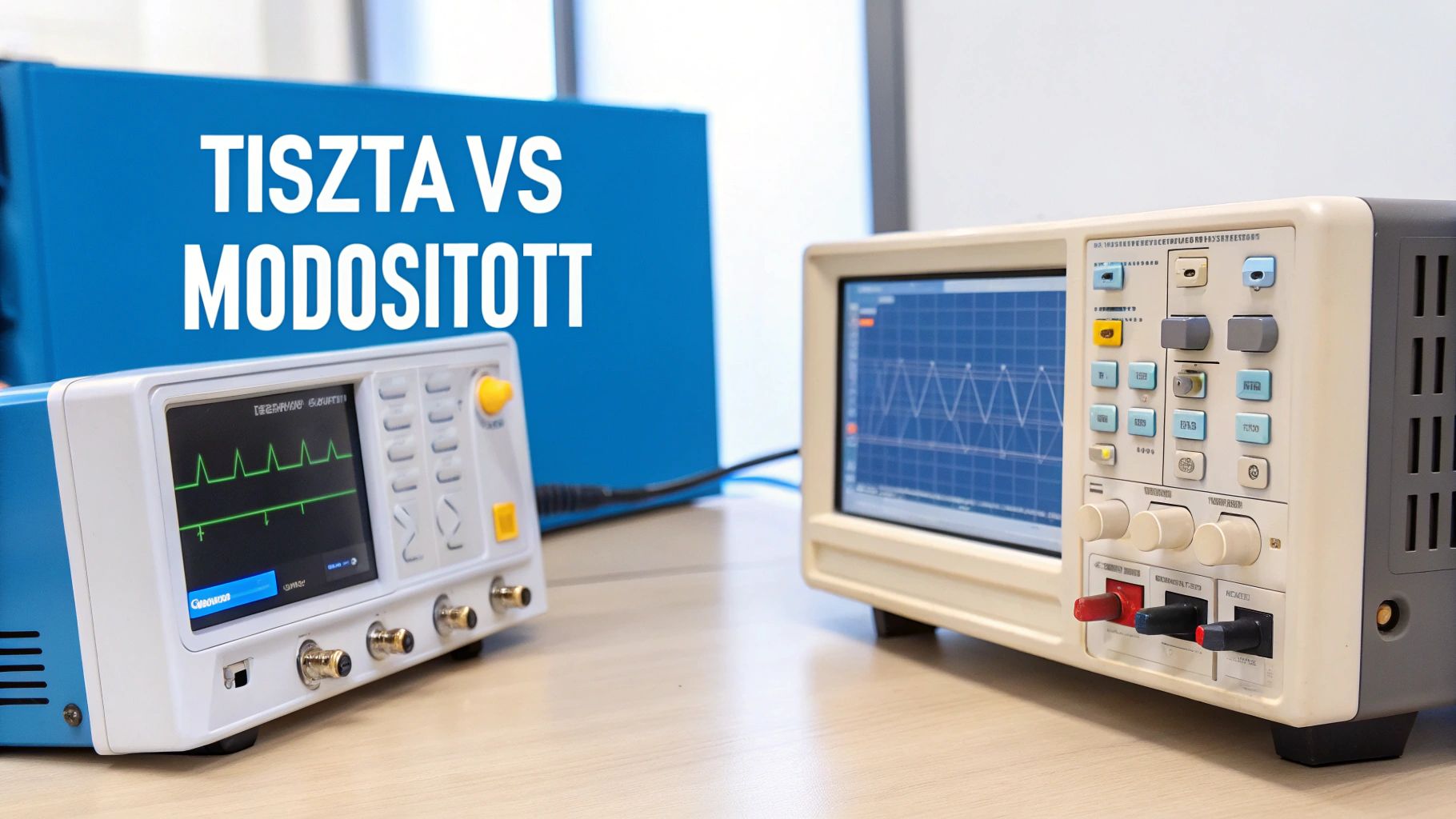 Két elektronikus mérőeszköz látható, amelyek tiszta és módosított hullámformákat hasonlítanak össze. Egy kék háttér előtt a "TISZTA VS MODOSITOTT" felirat olvasható.