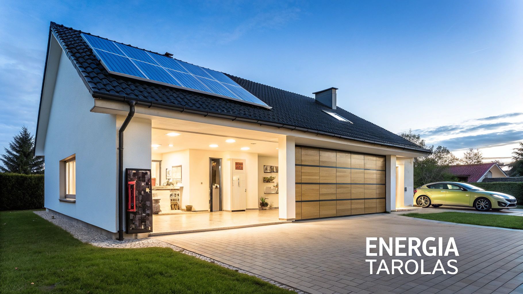 Modern otthon napelemekkel a tetőn, nyitott garázzsal, elektromos autóval és energia tárolás felirattal.