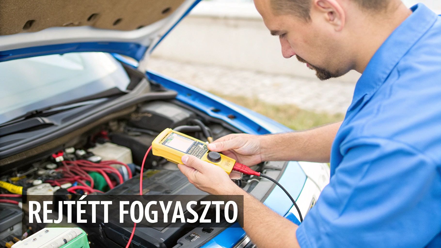 Autószerelő digitális multiméterrel méri az akkumulátor feszültségét a kék autó motorterében