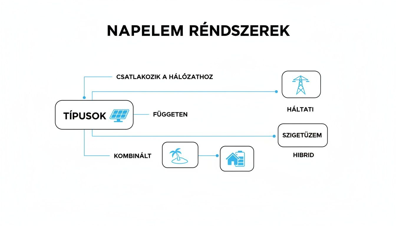Napelem rendszerek típusainak magyarázó diagramja hálózati, szigetüzemű és hibrid rendszerekkel.