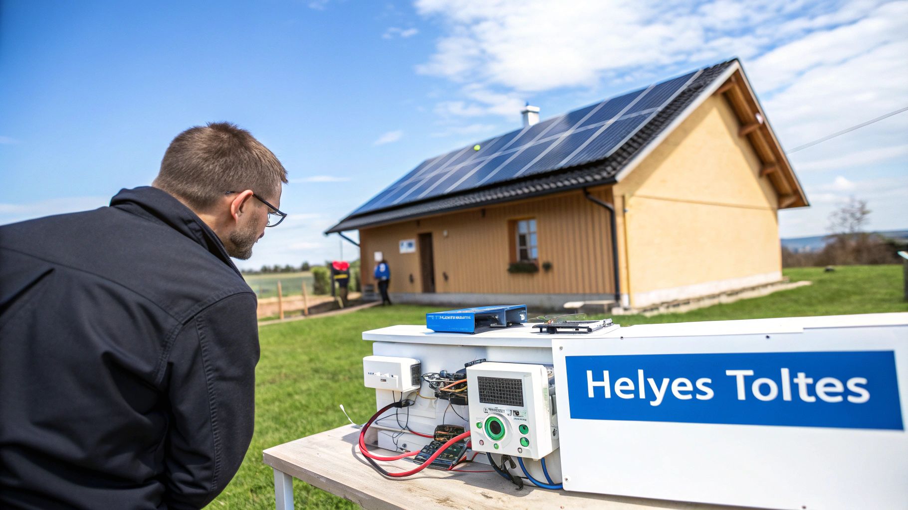Egy szakember napelem paneleket telepít egy tetőre, a háttérben kék ég és felhők