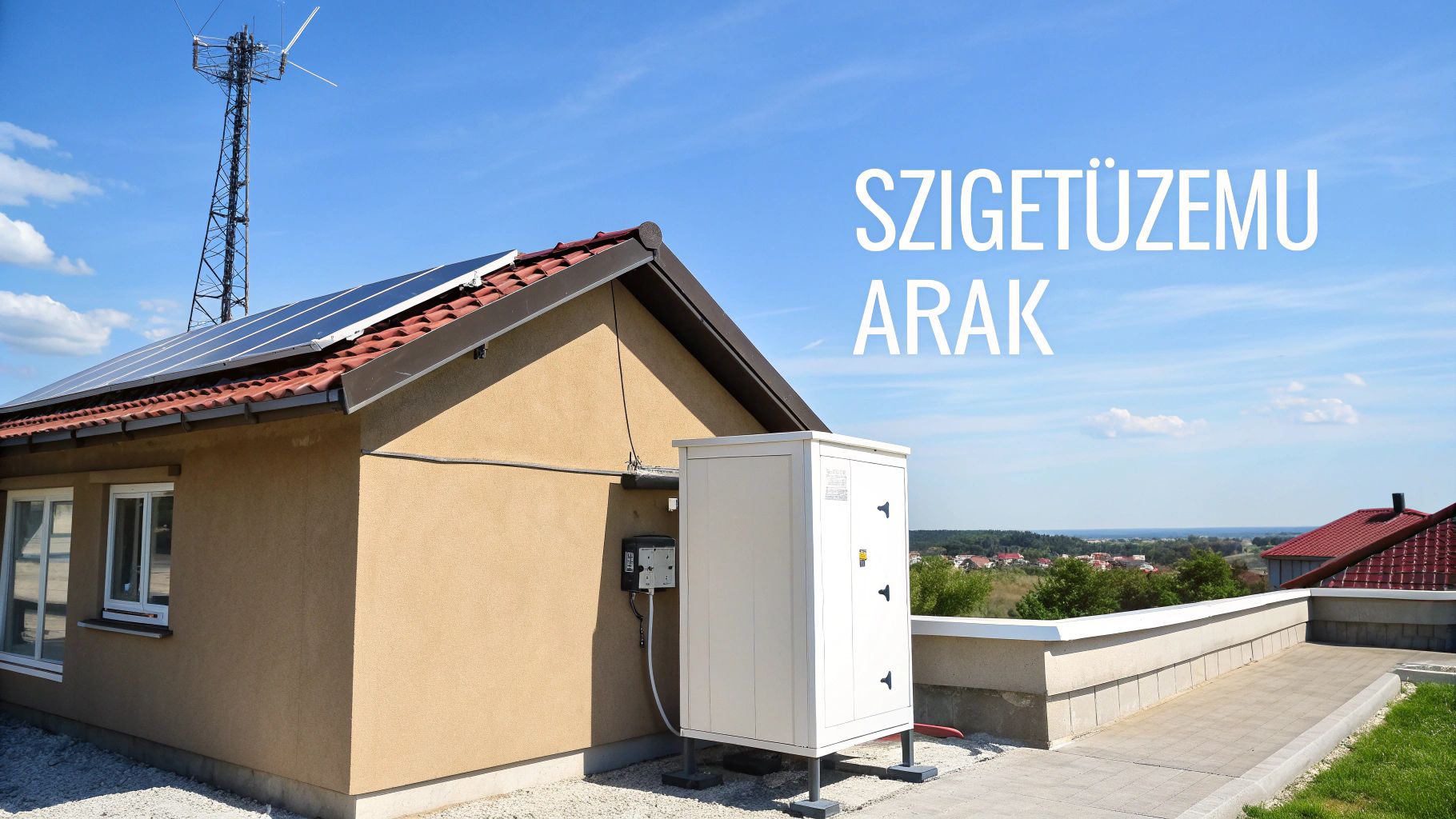 Szigetüzemű napelemes rendszer egy családi ház tetején, napsütésben